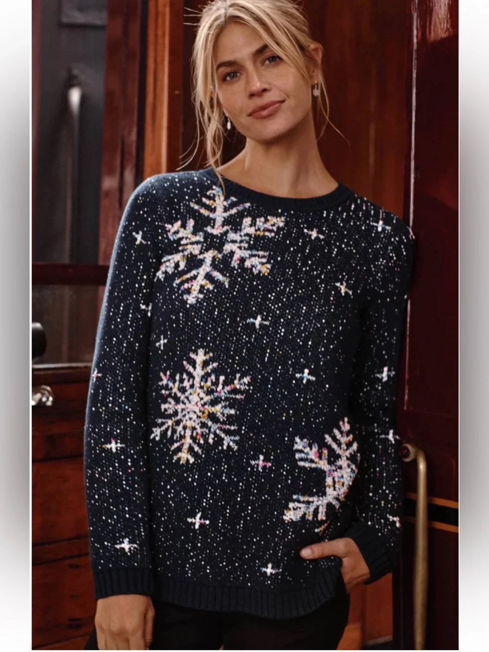 J.Jill Navy Tweeded Snowflake Sweater L Winter Holiday Cozy Christmas Knit